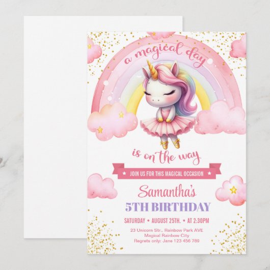 Schattige roze en gouden eenhoorn ballerina meisje kaart (Voorkant / Achterkant)