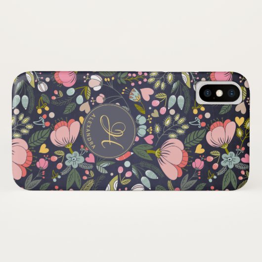 Schattige roze en grijs bloemenpatroon monogram na Case-Mate iPhone case (Achterkant (horizontaal))
