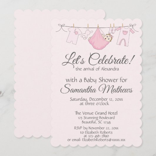 Schattige roze en grijs kindermeisje Uitnodiging (Voorkant / Achterkant)