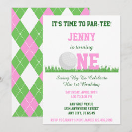Schattige Roze en Groen Golf Par-T-shirt 1e Verjaa Kaart