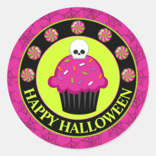 Schattige roze en groene Halloween schedel cupcake Ronde Sticker