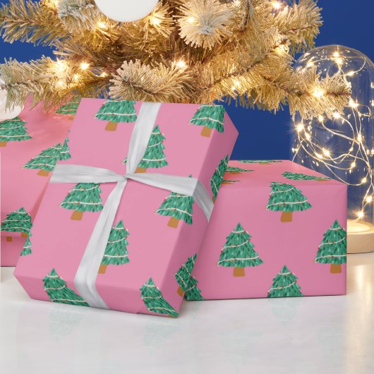 Schattige roze en groene kerstbomen cadeaupapier (Feestdagen)