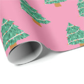 Schattige roze en groene kerstbomen cadeaupapier (Rol Hoek)