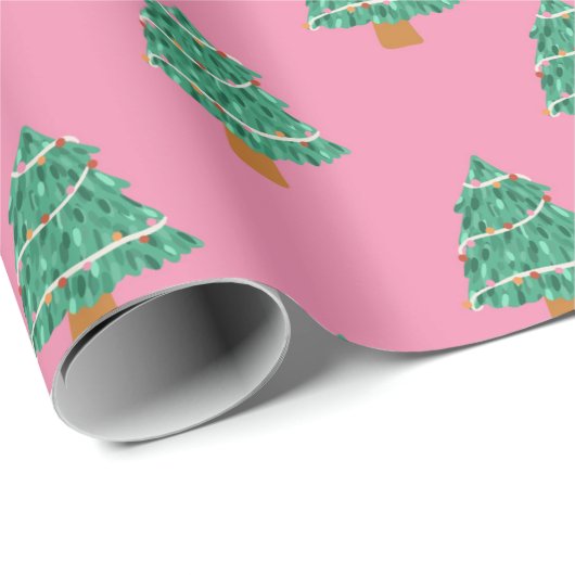 Schattige roze en groene kerstbomen cadeaupapier (Rol Hoek)