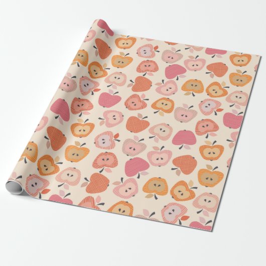 Schattige roze en oranje appelmotief cadeaupapier (Uitgerold)