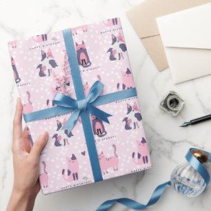 Schattige Roze en Paarse Katten Kinderen Verjaarda Cadeaupapier