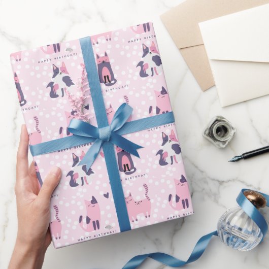 Schattige Roze en Paarse Katten Kinderen Verjaarda Cadeaupapier (Geschenken)