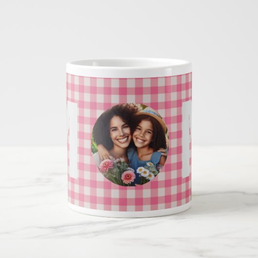 Schattige Roze en Wit Check Pattern Custom Photo M Grote Koffiekop (Voorkant)