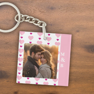 Schattige Roze en Wit Foto Koppel Monogram Sleutelhanger
