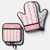 Schattige roze en wit hartpatroonmonogram ovenwant & pannenlap set (Voorkant / Achterkant)