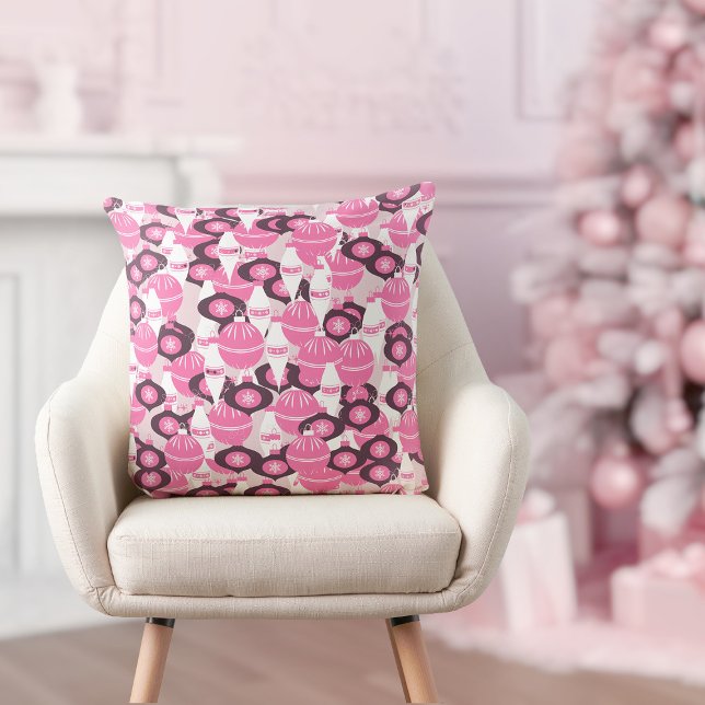 Schattige roze en zwart retro vrolijk kerstfeest kussen (pretty pink and black festive merry Christmas throw pillow)