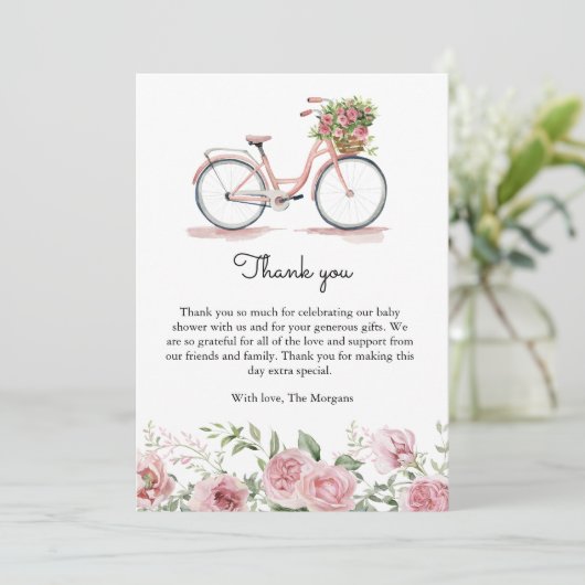 Schattige Roze  Fiets Meisje Baby shower Bedankkaart (Staand voorkant)