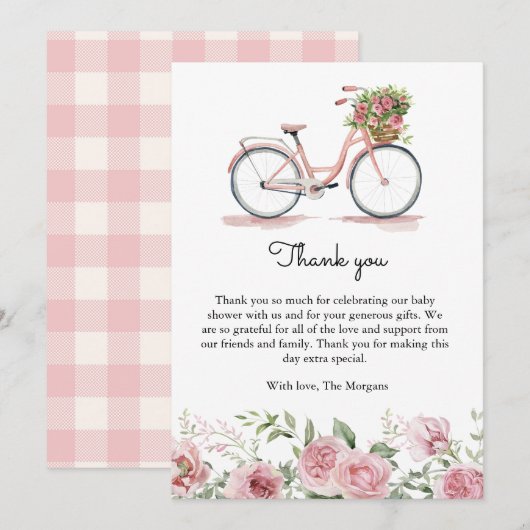 Schattige Roze  Fiets Meisje Baby shower Bedankkaart (Voorkant / Achterkant)