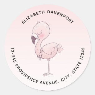 Schattige roze flamingo illustratieadres ronde sticker