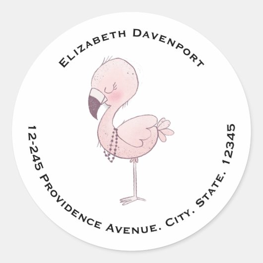 Schattige roze flamingo illustratieadres ronde sticker (Voorkant)