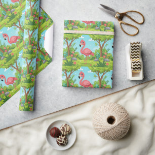 Schattige roze flamingo in tuin cadeaupapier