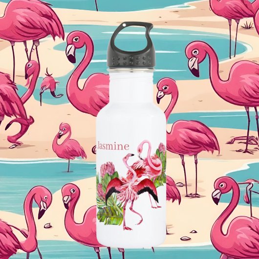 schattige roze flamingo liefhebbers voegen naam to waterfles 