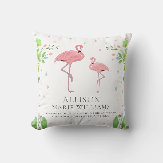 Schattige Roze Flamingo Meisje Geboorte Stats Kussen (Voorkant)