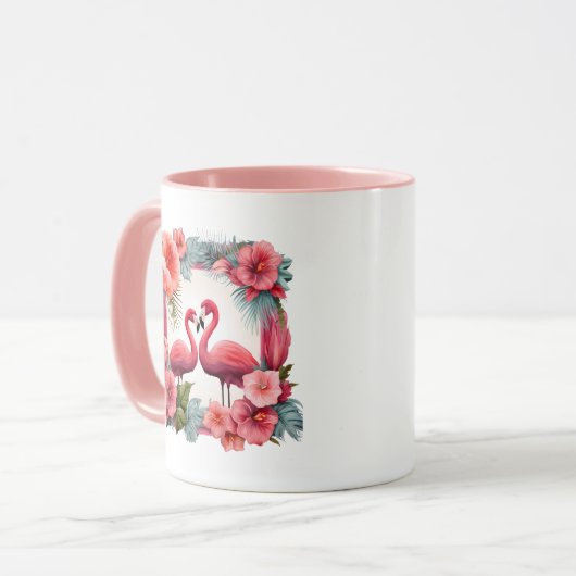 Schattige roze flamingo namen toevoegen Trouwdatum Mok (Voorkant links)