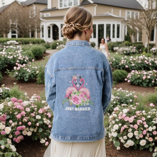 Schattige roze flamingo net getrouwd denim jacket (Huwelijk Achterkant)