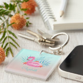 Schattige roze flamingo Palm Leaves Sleutelhanger (Voorkant Rechts)