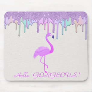 Schattige Roze Flamingo, Regenboogdruppels - Hallo Muismat