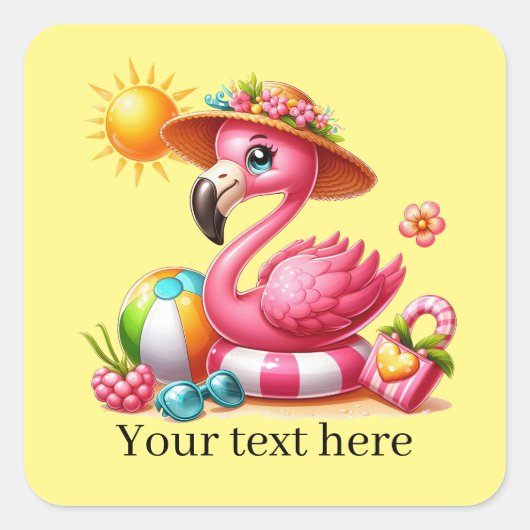 Schattige roze flamingo strand Vierkante Sticker (Voorkant)