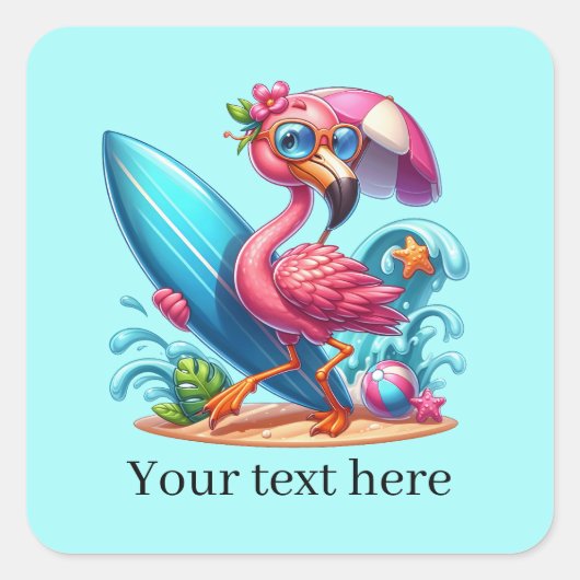 Schattige roze flamingo surfen vierkante sticker (Voorkant)