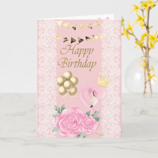 Schattige roze flamingo, Tiara, Lace, Balloons Kaart (Gele Bloem)