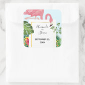 Schattige roze flamingo tropisch thema bruiloft vierkante sticker (Tas)