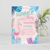 Schattige Roze Flamingo's Blauw Palmblad Verjaarda Kaart (Staand voorkant)