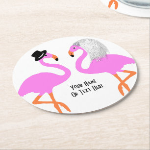 Schattige roze flamingo's bruid & bruidegom bruilo ronde kartonnen onderzetter