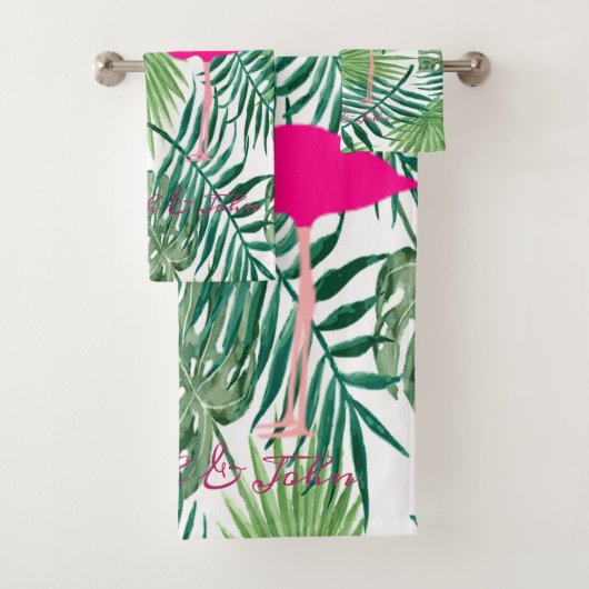 Schattige roze flamingos in liefde, palmbladeren bad handdoek (Insitu)