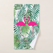 Schattige roze flamingos in liefde, palmbladeren bad handdoek (Handdoek)