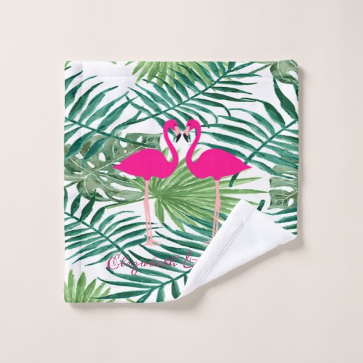 Schattige roze flamingos in liefde, palmbladeren bad handdoek (Wasdoekje)