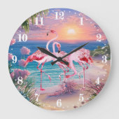 schattige roze flamingo's op het strand grote klok (Voorkant)