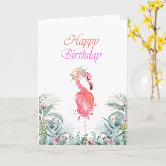 Schattige Roze Flamingo's Tropische Bloemen Verjaa Kaart (Gele Bloem)