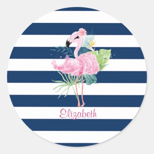Schattige Roze Flamingo'sTropisch blad,Gestreept Ronde Sticker (Voorkant)