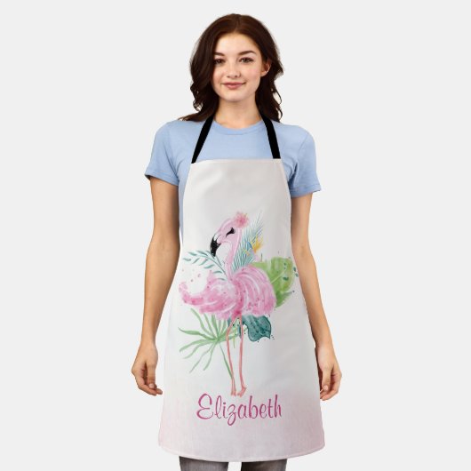 Schattige Roze Flamingo'sTropische Bladeren Schort (Gedragen)