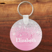Schattige Roze Geborsteld Metaal Zilver Glitter Mo Sleutelhanger (Voorkant)