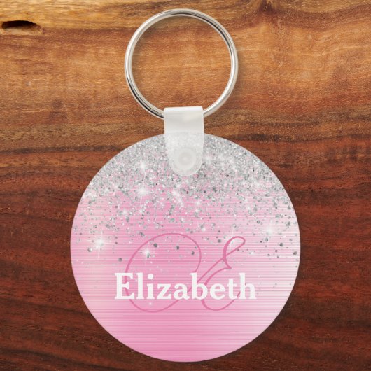 Schattige Roze Geborsteld Metaal Zilver Glitter Mo Sleutelhanger (Voorkant)