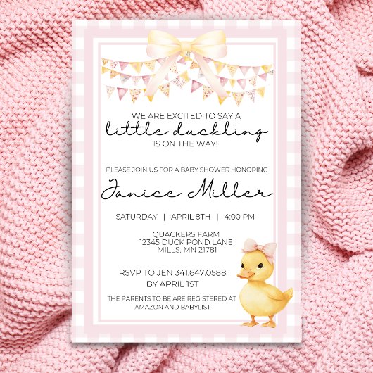Schattige Roze & Geel Duckling Baby shower Uitnodi Kaart