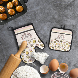 Schattige roze geel gebakken met liefde ovenwant & pannenlap set