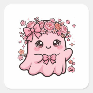Schattige Roze Geest Bloemrijke Halloween Vierkante Sticker