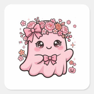 Schattige Roze Geest Bloemrijke Halloween Vierkante Sticker
