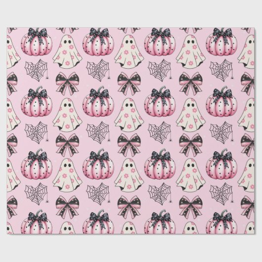 Schattige Roze Geest en Pompoen en Bogen Halloween Cadeaupapier (Vlak)
