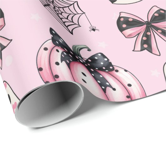 Schattige Roze Geest en Pompoen en Bogen Halloween Cadeaupapier (Rol Hoek)