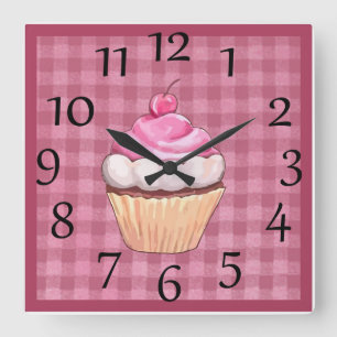 Schattige roze Gingham Cupcake-wandklok Vierkante Klok