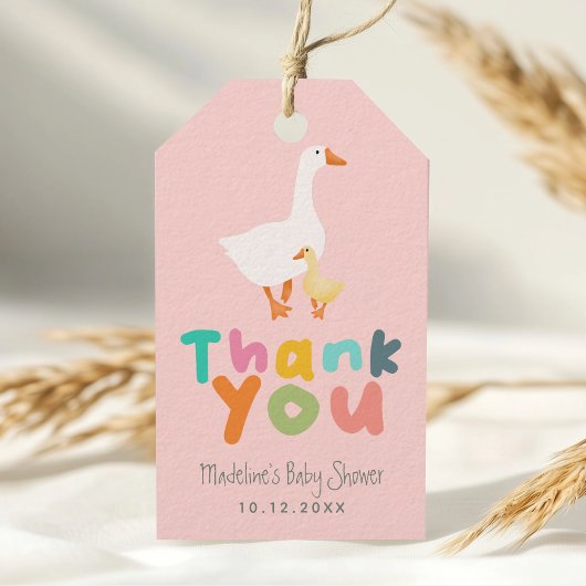 Schattige Roze Gingham Domme Gans Baby Borrel Cadeaulabel