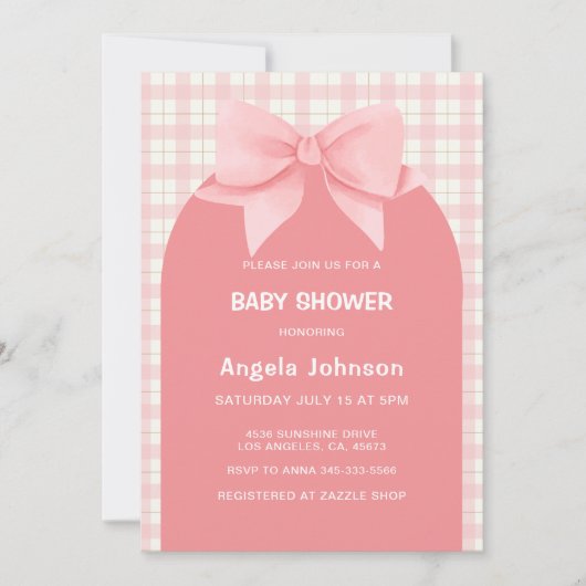 Schattige roze gingham geruite boog meisje Baby sh Kaart (Voorkant)